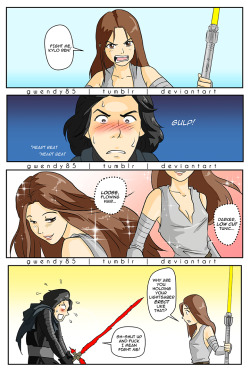 gwendy85:  REPOSTING FOR SPELLING CORRECTION!Anyone ever wonder yet how Kylo Ren will react to Rey’s costume?Coz that’s why I drew this LOL I know I just came from 2 sleepless nights of drawing my previous serious artwork, but I couldn’t help myself,