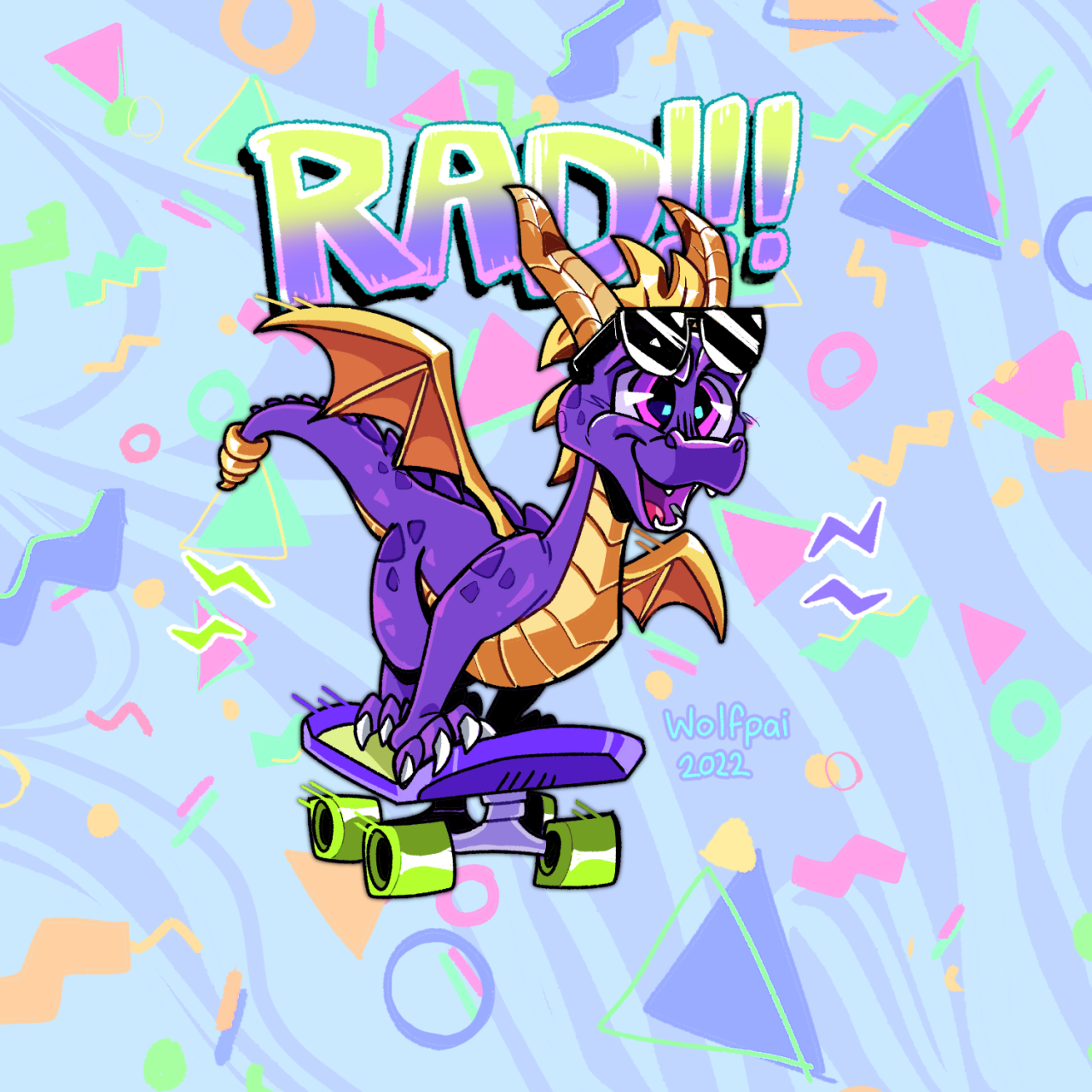 A cool skateboarding Spyro, radical!  (I can't decide what version to make as a print/sticker, which would you pick?)