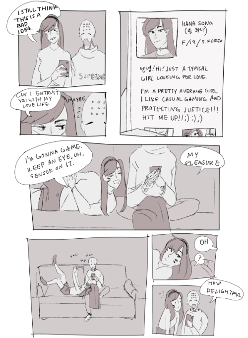 eggchef:  click 4 handsome zoomit was originally jst going to be abt dva and zenyatta being same age friends and somehow became a comic about dating apps. anyway here’s a bonus 