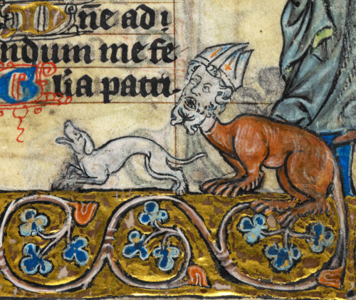 manticore bishop with a smiling dog‘The Maastricht Hours’, Liège 14th century.BL, Stowe 17, fol. 131