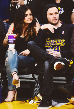 troiann:Lucy Hale at the L.A. Lakers game with Joel Crouse//4.13.14
