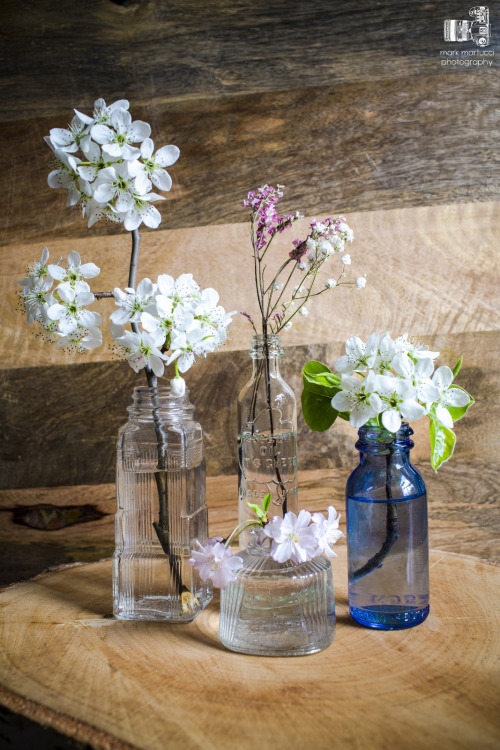 spring flowers in antique bottles