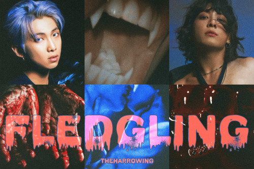 banner with images of namjoon and jungkook of bts, as well as vamire fangs, bloody hands, two men kissing with hands gripping one another's throats, and red bubbly blood. also included in this post are dividers between chunks of content that desktop doesn't let me edit the alt text of because they are so small.
