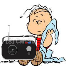 Linus from Peanuts sitting with clip art of a radio.