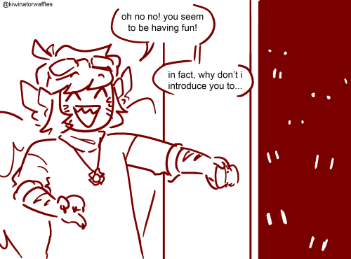 The second part of a five-part comic. Grian is by the door, pulling it open. He says, happily, "oh no no! you seem to be having fun! in fact, why don't i introduce you to..."