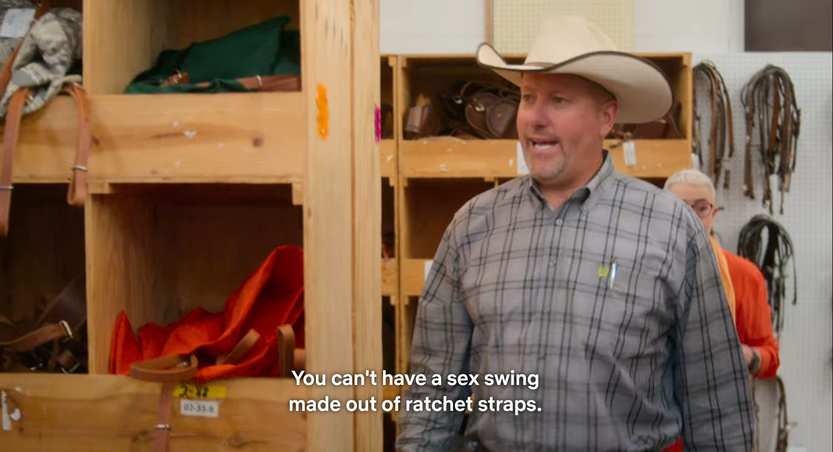 zwoelffarben:vaspider:bell-flower:So I binged the entirety of How To Build a Sex Room last night and this one scene just cracked me upThe designer’s at a western leather/tack store looking for supplies to make a rustic-style sex swing and turns