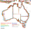 Australian coastline shown using 10 different map projections.