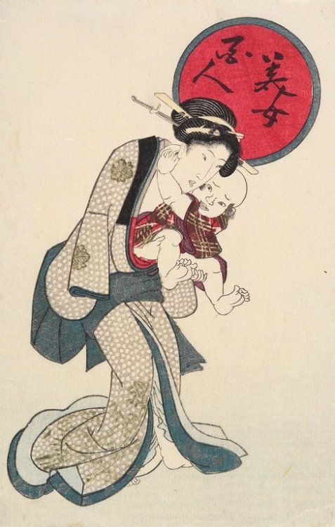 19th century print by Keisai Eisen of a mother and child.