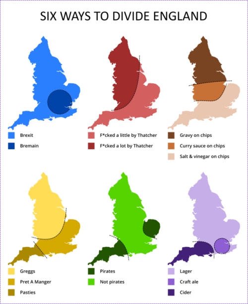 tikkunolamorgtfo:mapsontheweb:Six Ways to Divide England.More stereotype maps >>The pirates on