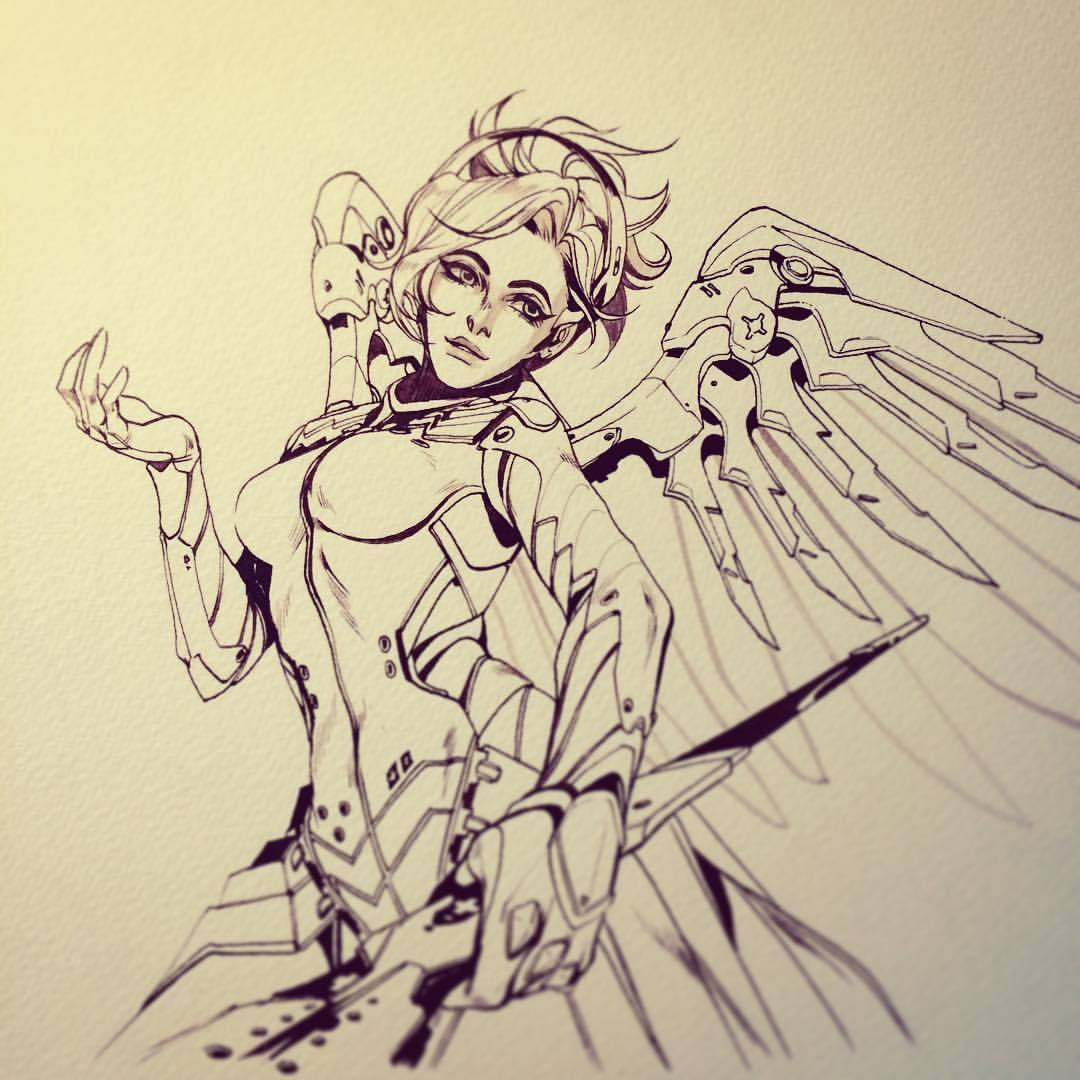 fryingtoilet:  ☀️✨ #ink #lines #mercy #traditional #illustration #overwatch