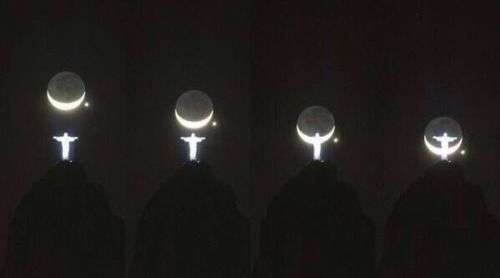 lucifelle:Time lapse of the Moon and Venus behind Christ the Redeemer in Rio de Janeiro, Brazil