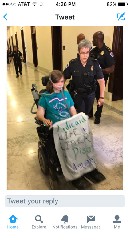 mysticben: Disabled and chronically ill Americans protesting the repeal of the affordable care act today outside senate majority leader Mitch McConnell’s office, June 22nd. The response? Capitol police violently moving them as always. Fuck the police