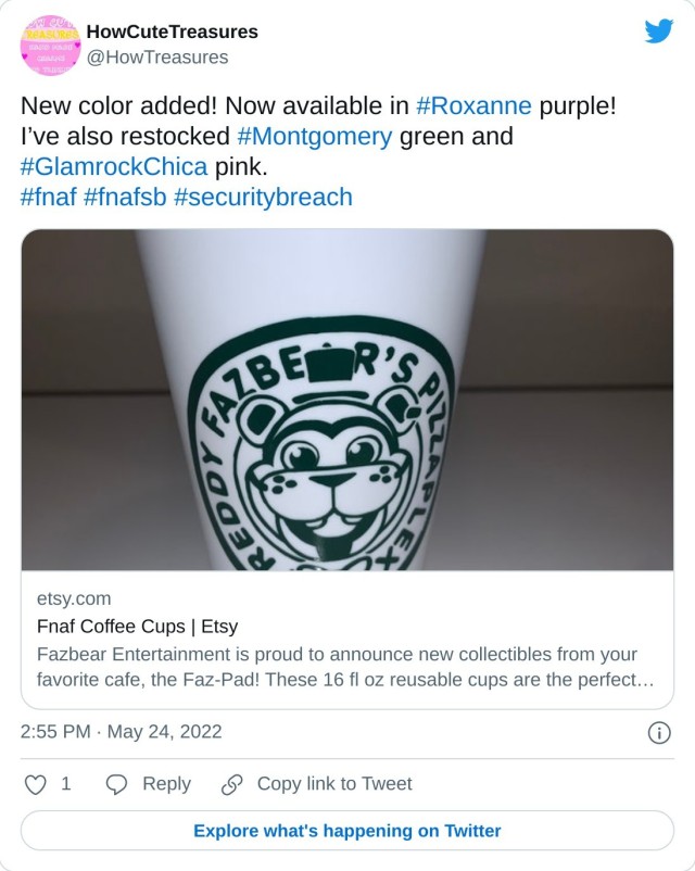 New color added! Now available in #Roxanne purple! I’ve also restocked #Montgomery green and #GlamrockChica pink. #fnaf #fnafsb #securitybreach https://t.co/6q1y5ER2pe — HowCuteTreasures (@HowTreasures) May 24, 2022