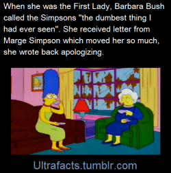 ultrafacts:  Barbara Bush’s response: Dear Marge, How kind of you to write. I’m glad you spoke your mind; I foolishly didn’t know you had one. I am looking at a picture of you, depicted on a plastic cup, with your  blue hair filled with pink birds