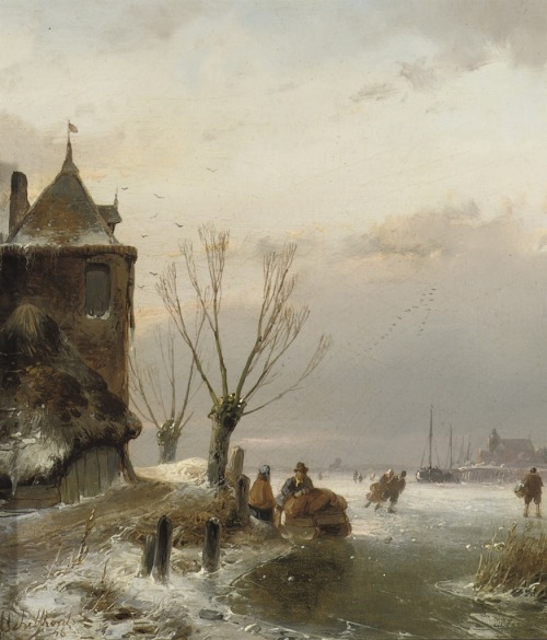 laclefdescoeurs:Figures skating on a frozen waterway near a mansion, 1846, Andreas Schelfhout