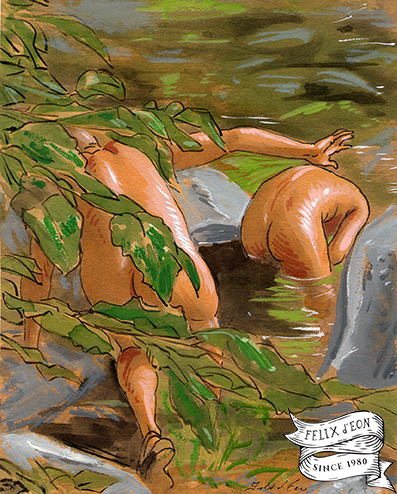 Three watercolor and gouache paintings on paper, painted at the Yuba River in California from live m