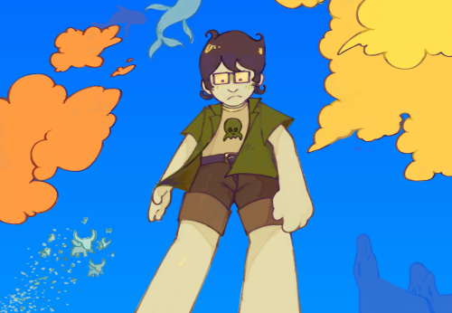 Jake English on the baclground of a bright blue sky with yellow and orange clouds. A whale lusus flies in the distance. There is a swarm of Tinkerbulls approaching behind him, as well as two centaur lusii. Jake looks down nervously.