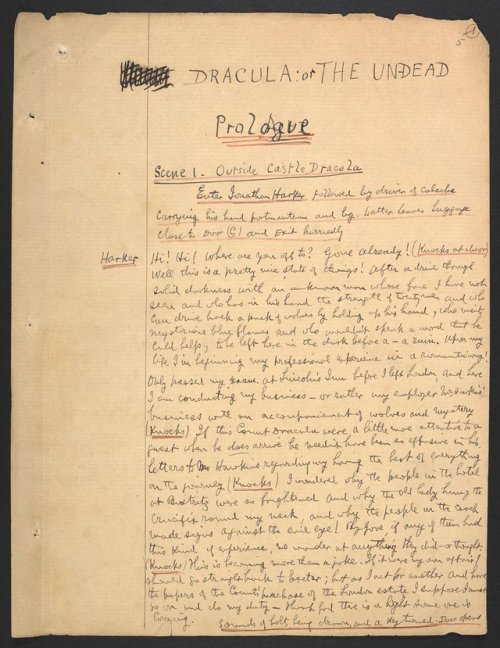 wrappedallinwoe:Manuscript of Bram Stoker’s Dracula playscript, from 1897.