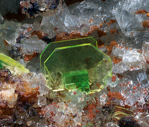 ggeology:  Uranospinite and Torbernite // Montoso Quarries, Ortieul, Bagnolo Piemonte, Cuneo Province, Piedmont, Italy