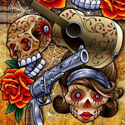 jobyc:  #sugarskull #artprint #art #skull #skulls #dayofthedead #pistol #guitar #chica #veruca #joby #jobyc #jobycummings #cattattoo #rose #roses  (at Dead at School.)