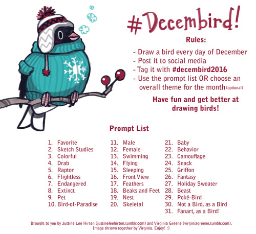 dailybirdbeast:virginiagreene:Hey everyone! I’m excited to share with you a bird art project: Decemb