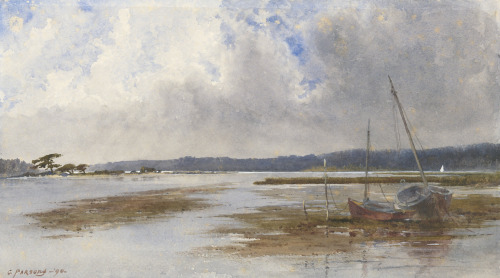Charles Parsons (American, born England; 1821–1910)River Scene with Stranded Boats1890 Watercolor Ya