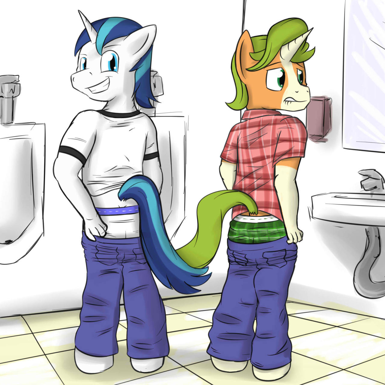 Shining Armor and Gaffer showing off their butts.  Why in the bathroom?  Who are