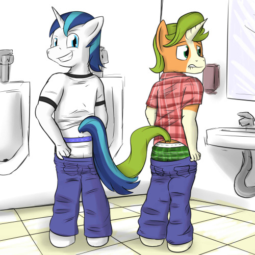 Shining Armor and Gaffer showing off their butts.  Why in the bathroom?  Who are they showing it too?  Why does Shining look so confident, while Gaffer’s apprehensive?  You decide. Stream Doodle turned into full on pic.