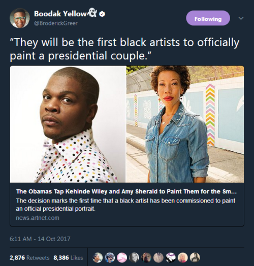 destinyrush: Kehinde Wiley and Amy Sherald were chosen to paint Barack and Michelle Obama’s po