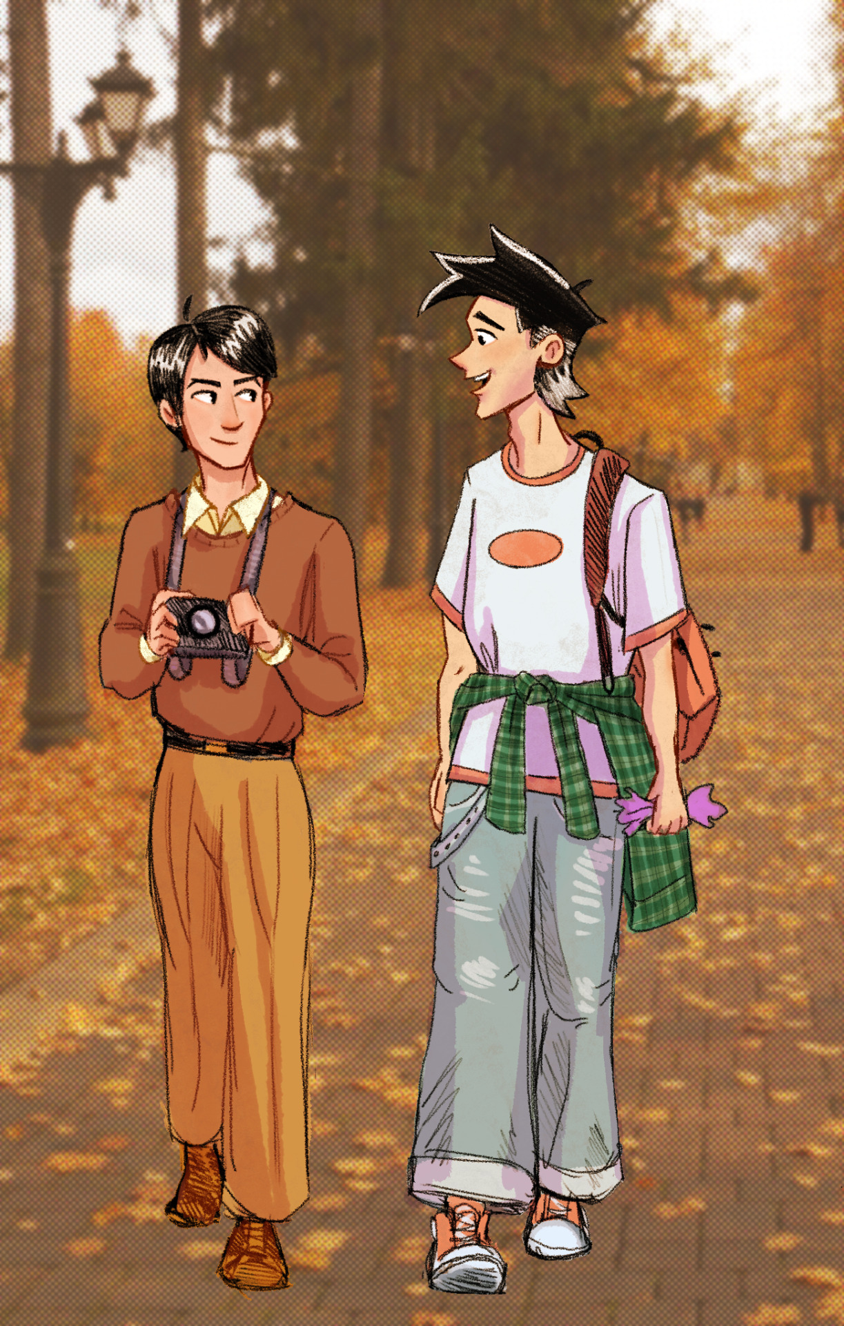 Tim and Danny walking across campus