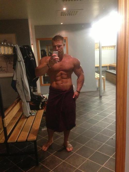 After the shower or before he hits the gym floor, both are good times to shap a photo to report in l