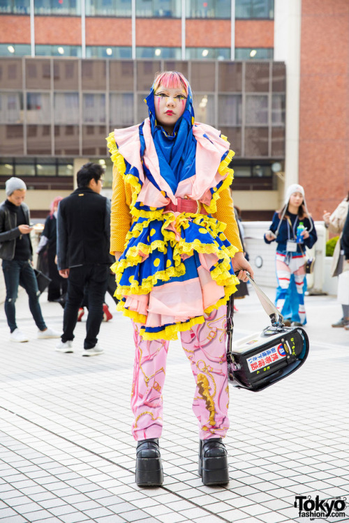 17-year-old Japanese high school student Sakuran on the street in Tokyo wearing layered handmade/rem