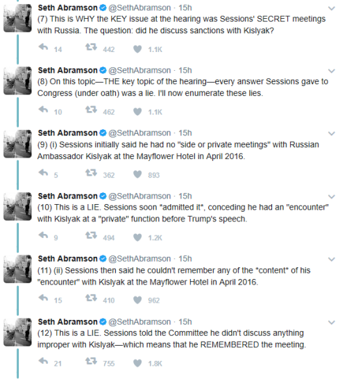 Sessions Testimony Twitter-thread from Seth Abramson, former prosecutor and professor of Journalism,