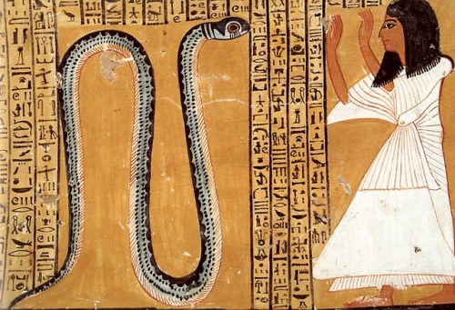 egypt-museum:Painting of Inherkhau A mural depicts Inherkhau worshiping the serpent god Sito, guardi