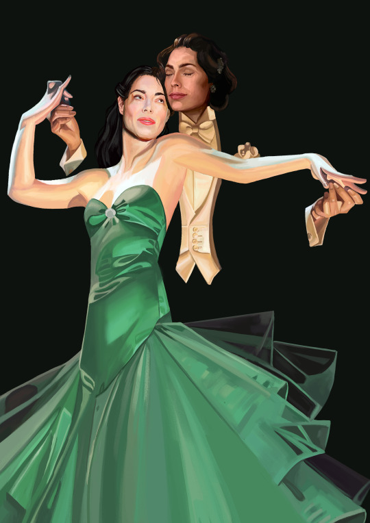 Leyendecker style art of Helena and Myka dancing; Helena is in front in a green dress, Myka behind her in a black tux and white tie. Helena looks up at Myka; Myka's eyes are closed and she's smiling slightly.
