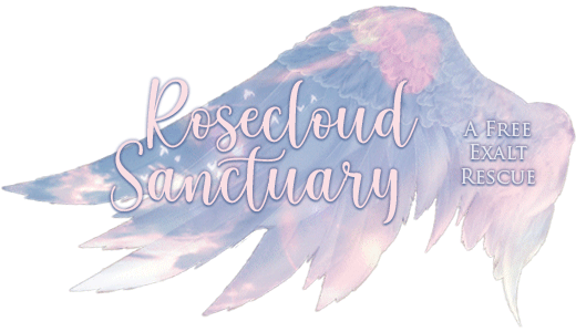 A gif in the shape of a feathered wing with an image of a soft, pastel colored sky and small white birds flying through it. The words 'Rosecloud Sanctuary' and 'A Free Exalt Rescue' are overlaid on the gif.
