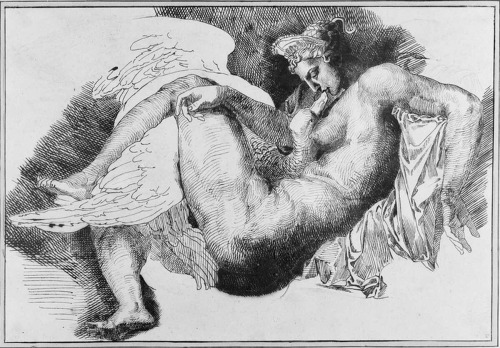 1-Leda.1822. (After a drawing by Michelangelo Buonarroti). Pen and Ink on paper. Musée des 