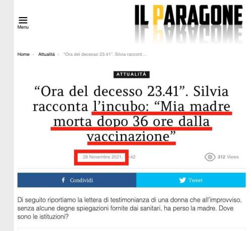 #Telegram #NessunaCorrelazione 28.11.21 - Astrazeneca 36ore Dopo ☠️
“Ora del decesso 23.41”. Silvia racconta l’incubo: “Mia madre morta dopo 36 ore dalla vaccinazione” bit.ly/31gUjaD
Entra nella Chat di Nessuna...