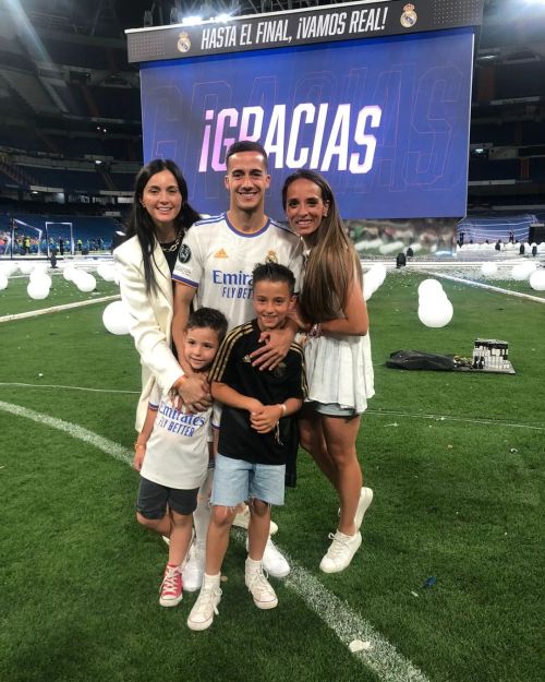 Lucas Vazquez and his wife Macarena with friends at the Santiago Bernabeu during the Celebration of 