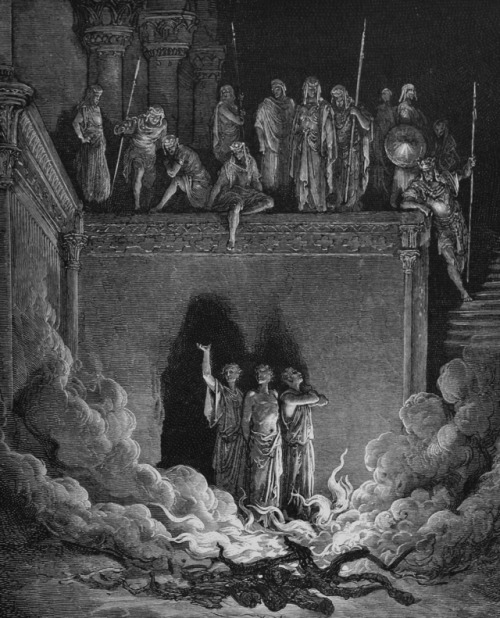 Shadrach, Meshach, and Abednego thrown into a fiery furnace by Nebuchadnezzar, the king of Babylon, 