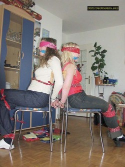 graybandanna:  Tied to chairs, gagged and blindfolded with bandannas