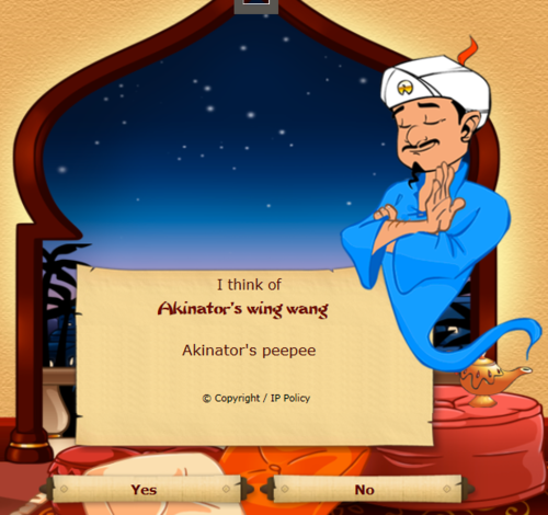 suriella:  thelof9:      ive been seeing all these posts going around of people trying to stump akinator so i thought id jokingly give it a go i tried to make him guess “akinators dick" he seemed to be going pretty well, but after a while a blank