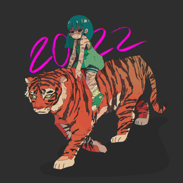 drawing of a teal haired girl riding on a tiger with the numer 2022 written in the background 