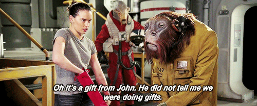 higherbrainpattern:jorah-mormont:Daisy Ridley receives a gift from John Boyega for Star Wars Day (x)