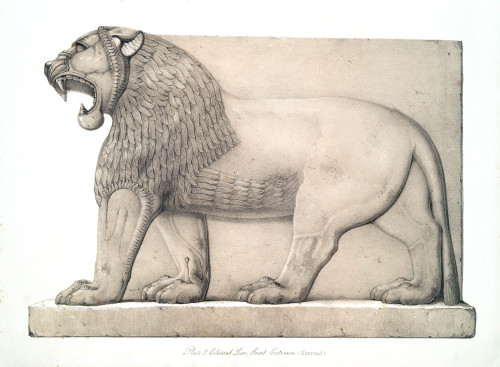 Colossal lion, Great Entrance (Nimroud).
From A Second Series of the Monuments of Nineveh by Austen Henry Layard, London: 1853.
Source: The New York Public Library.