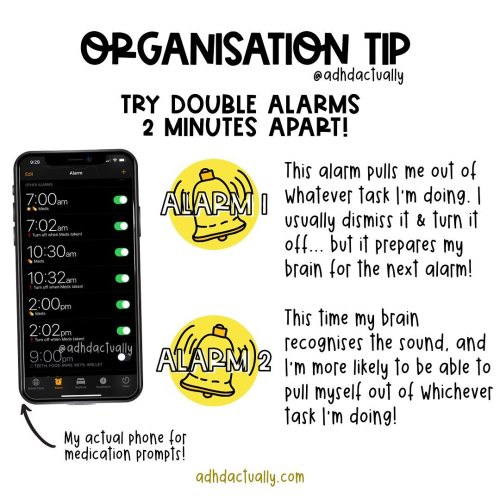 autistips:[ID: Infographic from adhdactually.com. Organization Tip - try double alarms two minutes a