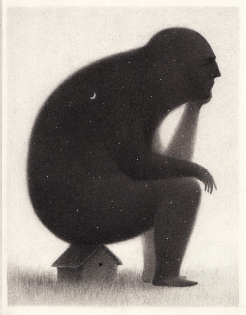 itscolossal:Night Imagined as a Human-like Figure in New Black and White Illustrations by David Álva