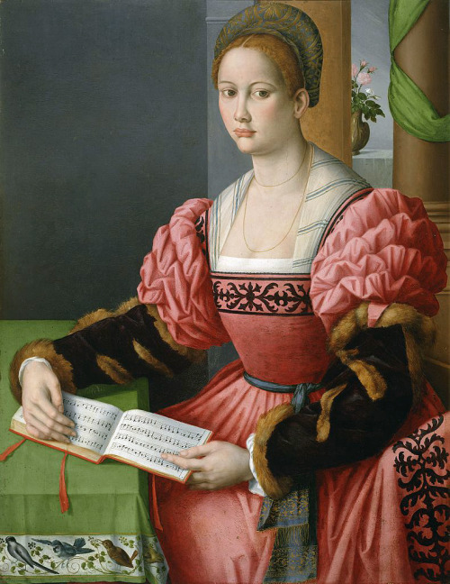 “Portrait of a Woman with a book of music” by Francesco Bacchiacca, 1540-45