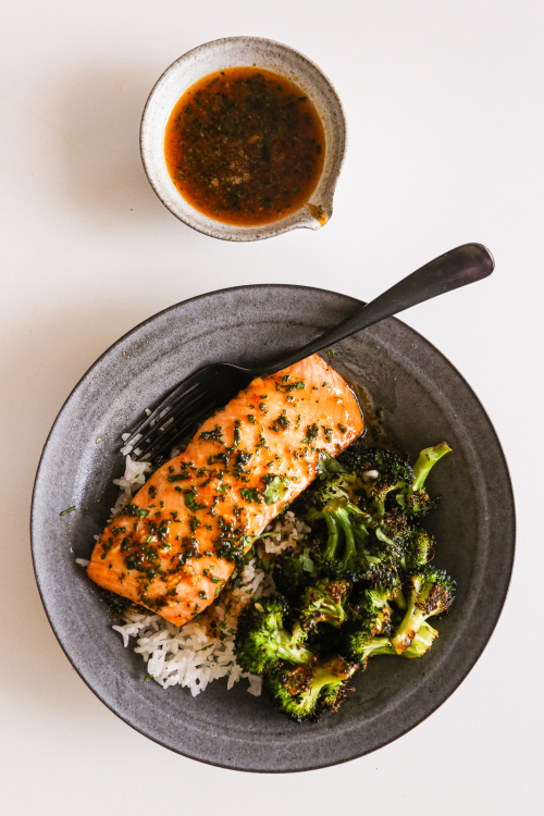 Sheet Pan Salmon and Broccoli with Harissa-Honey-Butter Drizzle