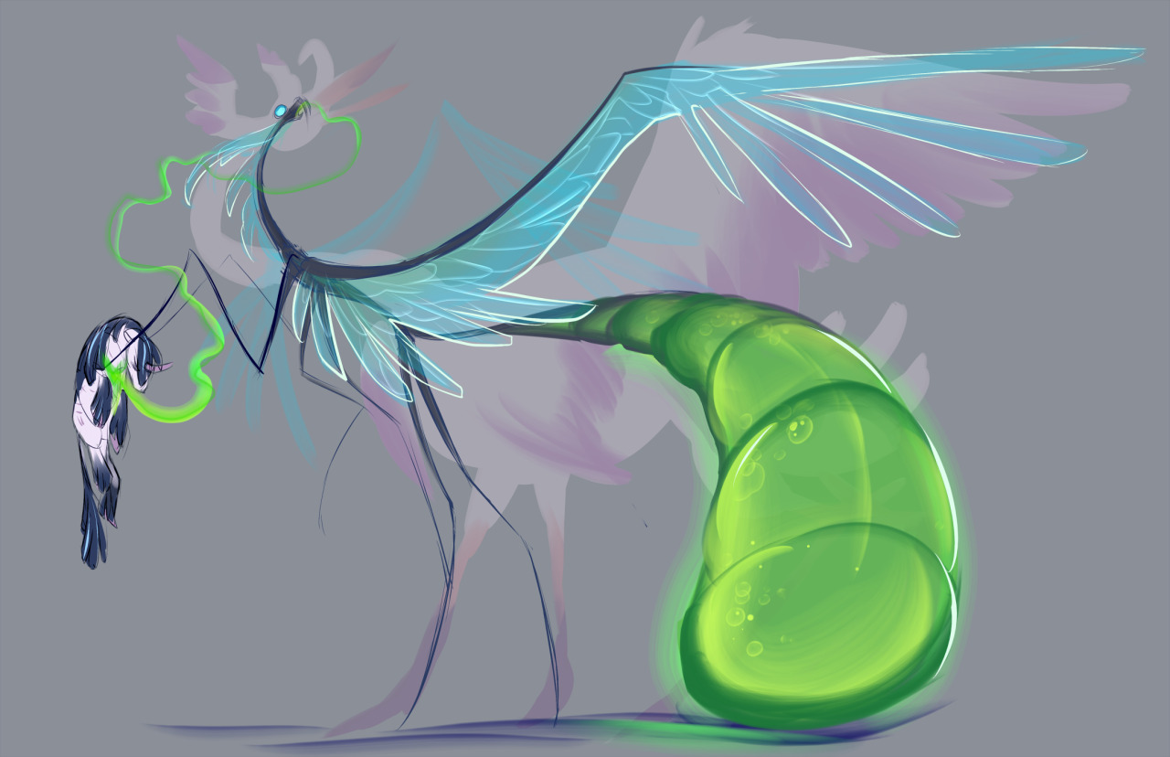 Underneath the image of the giant alicorn is a spindly, laughing changeling queen. Her wings are not tattered; but instead stretch wide enough to fit the entire alicorn illusion within her wingspan. Instead of a sad little tail, hers is swollen full of green, liquid magic to the point it is bigger than the rest of her